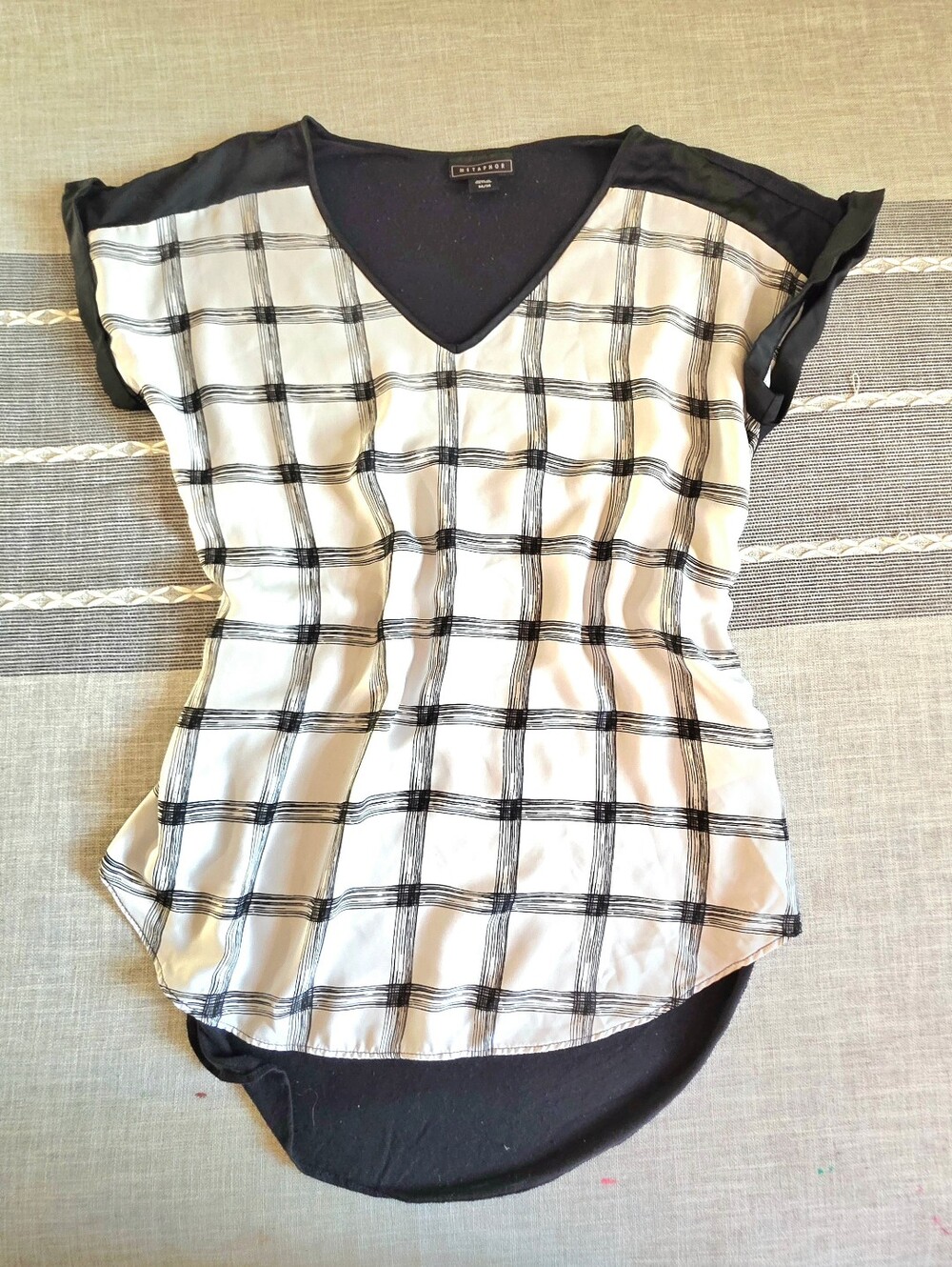 Black and White Plaid V-Neck Cap Sleeve Blouse